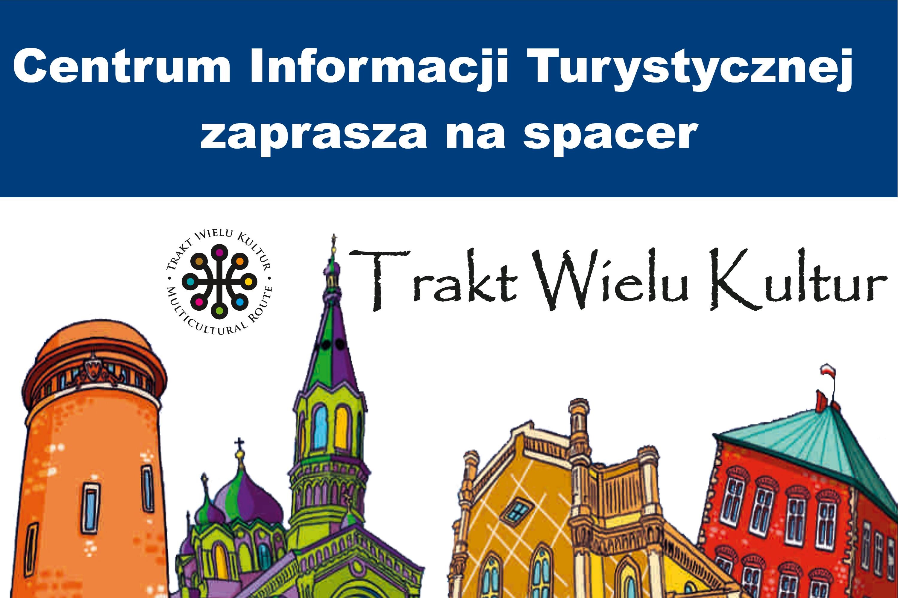 Plakat zapraszający na spacer z przewodnikiem.