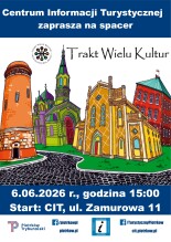 Plakat zapraszający na spacer z przewodnikiem.