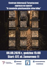 Plakat zapraszający na spacer z przewodnikiem.