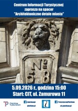 Plakat zapraszający na spacer z przewodnikiem.