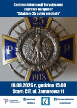 Plakat zapraszający na spacer turystyczny z przewodnikiem.