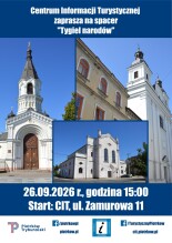 Plakat zapraszający na spacer turystyczny z przewodnikiem.