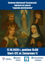Plakat zapraszający na spacer turystyczny z przewodnikiem.