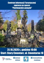 Plakat zapraszający na spacer turystyczny z przewodnikiem.