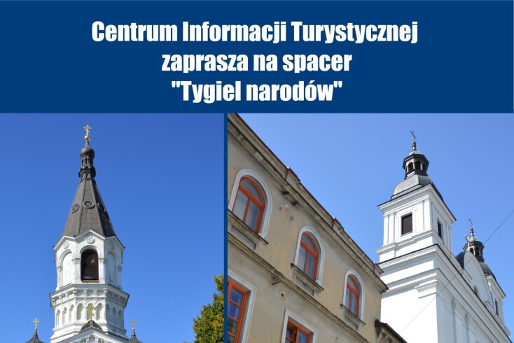Plakat zapraszający na spacer turystyczny z przewodnikiem.